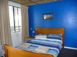 1 dormitorio azul con 1 cama con pared azul en Adelaide Travellers Inn Backpackers Hostel, en Adelaida