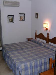 um quarto com uma cama com um cobertor xadrez azul em Hostal Alicante em Granada