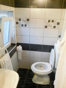 a bathroom with a white toilet and a sink at Apartments Žufić in Štinjan