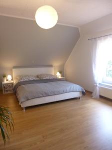 a bedroom with a bed and a large window at Ferienwohnungen Familie Jahn in Thesenvitz