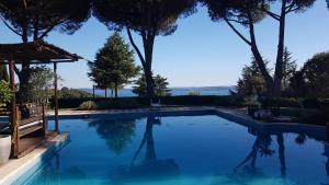 a swimming pool with blue water and palm trees at Almanuda Naturist Village in Sutri