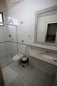 a bathroom with a toilet and a sink and a mirror at Hotel Presidente Ipatinga in Ipatinga