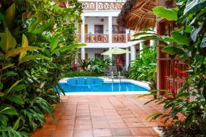 une piscine dans la cour d'un immeuble avec des plantes dans l'établissement Hotelito Los Sueños, à Sayulita