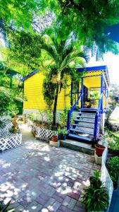 a yellow and blue house with stairs and palm trees at Yocamatsu in Caye Caulker
