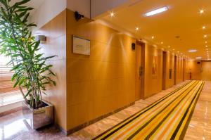 a hallway in an office building with yellow walls and a plant at Hotel Alvorada in Estoril