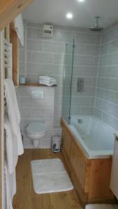 a bathroom with a shower and a tub and a toilet at WillowTree Cottage in Avèze +15 photos