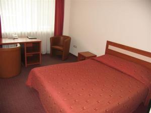 a bedroom with a bed and a desk and a chair at Hotel Ode in Alytus