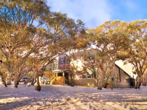 a house in the snow with trees in front at Ajax Ski Club in Mount Buller