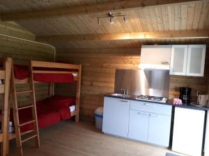 een kamer met een stapelbed en een keuken in een huisje bij Camping 't Bosch in Zelhem
