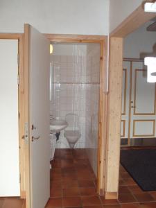a bathroom with a toilet and a sink at Åbyggeby Landsbygdscenter in Ockelbo