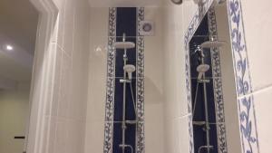 a shower with blue and white curtains in a bathroom at Casa Pablo in Jabłonna +33 photos