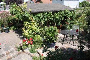 um jardim com uma mesa e algumas plantas e flores em Ferienwohnung Burger em Sasbach am Kaiserstuhl