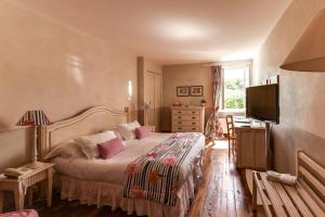 a bedroom with a bed and a television in it at Le Pont de L'Ouysse in Lacave