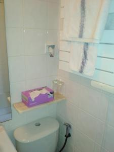a bathroom with a toilet and a purple box on a shelf at Morbey's Chalet in Sintra