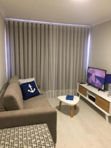 a living room with a couch and a flat screen tv at BestVillas Âncora Gaivotas in Vila Praia de Âncora