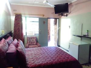 a bedroom with a bed and a chair and a television at Pennywise Cottages in Victoria Falls