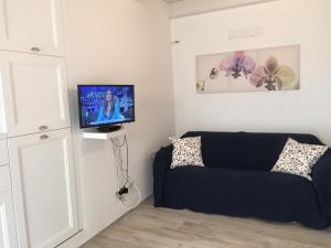 ein Wohnzimmer mit einem Sofa und einem Flachbild-TV in der Unterkunft Casetta Lavanda in Pomonte