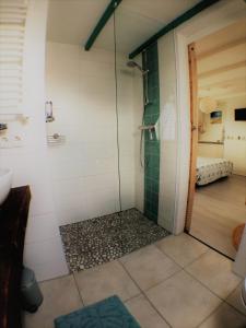 La salle de bains est pourvue d'une douche avec une porte en verre. dans l'établissement B&B Little Miss Sunshine, à Zandvoort