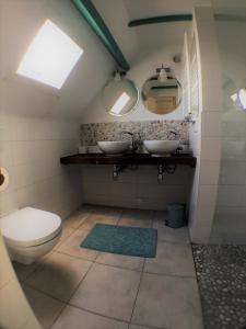 ein Bad mit einem WC, einem Waschbecken und Spiegeln in der Unterkunft B&B Little Miss Sunshine in Zandvoort