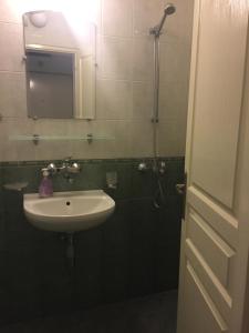 a bathroom with a sink and a shower with a mirror at Pirotska Apartment GN / FREE GARAGE in Sofia