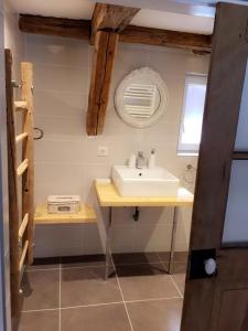 La salle de bains est pourvue d'un lavabo et d'un miroir. dans l'établissement La Grange aux Coqs, à Ittenheim