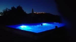 uma piscina à noite com luzes azuis em Quinta Do Vaqueirinho - Agro-Turismo em Marvão