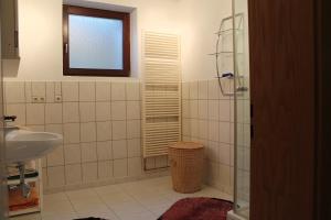 a bathroom with a sink and a shower with a mirror at Ferienwohnung Waldschlößchen in Wattenbach