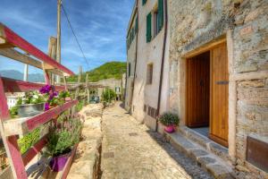 an alley in an old town with flowers in pots at Crosa tra le Nuvole in Borgio Verezzi