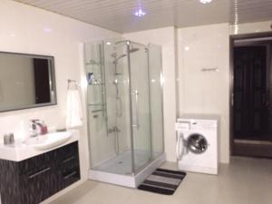 a bathroom with a shower and a washing machine at AIA Apartment in Kutaisi +69 photos