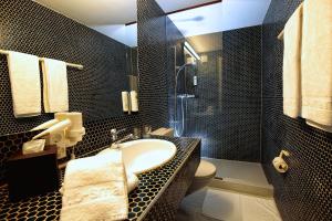 ein Bad mit einem Waschbecken, einer Dusche und einem WC in der Unterkunft b-smart motel Basel in Basel
