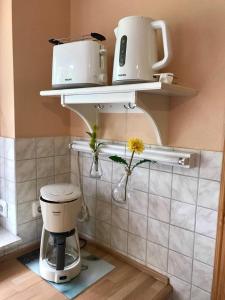 a kitchen with a coffee maker and flowers on shelves at Ferienwohnung "Alter Gutshof" Hühnergott in Ostseebad Sellin