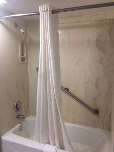 a bathroom with a shower curtain next to a bath tub at Gulf American Inns in Decatur