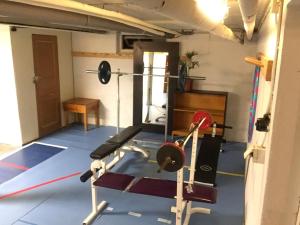 Zimmer mit einem Fitnessraum mit einer Bank und Gewichten in der Unterkunft Tivedens Hostel-Vandrarhem in Karlsborg