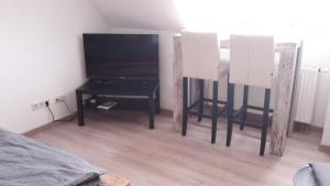 sala de estar con TV y mesa con sillas en Schwalbennest, en Fürth