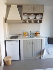 a small kitchen with a sink and a refrigerator at Notos Studios in Schinoussa