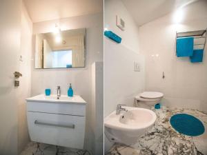 Duas fotografias de uma casa de banho com um lavatório e um WC. em Apartment Splendid Marjan em Split