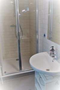 a bathroom with a shower and a sink at Gina's garden house in Amsterdam