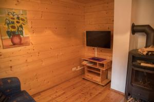 salon z telewizorem i drewnianą ścianą w obiekcie Ferienhaus Krassnig w mieście Turracher Hohe