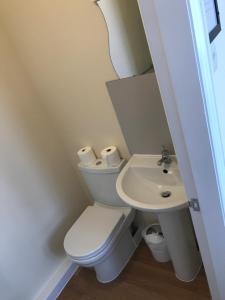a small bathroom with a toilet and a sink at Glenfaba Guest House in Douglas