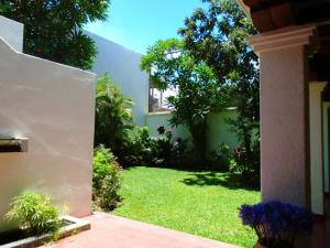 a yard with green grass and trees and a building at Paulina Youth Hostel in Oaxaca City