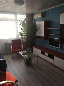 ein Wohnzimmer mit einem TV und einem Couchtisch in der Unterkunft Málnás Macska Apartman in Szekszárd