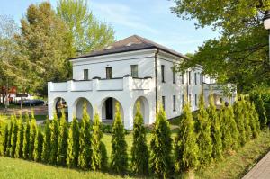 an old white building with trees in front of it at Domus Hotel in Birštonas