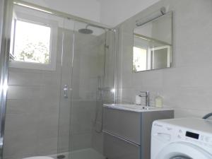 une salle de bain avec douche et machine à laver dans l'établissement Les Pins . 2 p calme et terrasse, à Nice