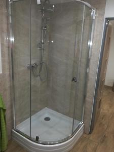 a shower with a glass enclosure in a bathroom at Apartman u Mareka in Sučany