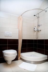 e bagno con servizi igienici, doccia e lavandino. di Rubin a Sibiu