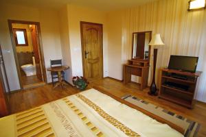 1 dormitorio con 1 cama grande y TV en Hotel Asenevtsi en Veliko Tŭrnovo