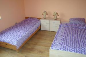 シプリシュキにあるOstoja Becejłyの紫色の掛け布団が備わる客室内のベッド2台