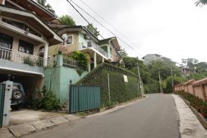 a house with a green fence next to a street at Araliya Holiday Bungalow in Kandy