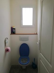 a bathroom with a blue toilet with a window at Maison Matha in La Cotinière