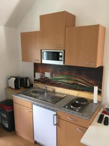 eine Küche mit einer Spüle und einer Mikrowelle in der Unterkunft Miniappartement Zini in Lindlar